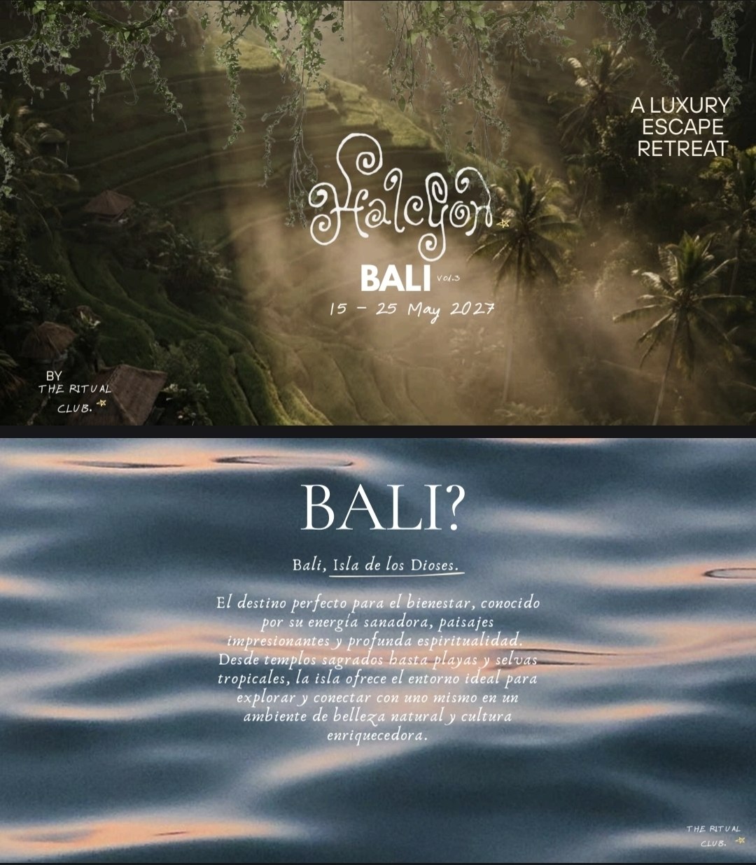 Halcyon BALI Vol. 3 promotional poster by The Ritual Club, dated 15–25 May 2027, with a tropical forest and a Spanish introduction to Bali over water