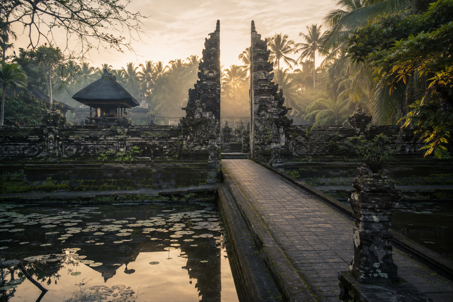 Historic Balinese water temple courtyard with lotus ponds